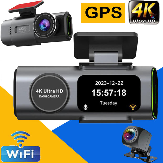  Dual 4K Dash Cam Built-In GPS Wifi Night Vision Front Rear and inside Car Camera