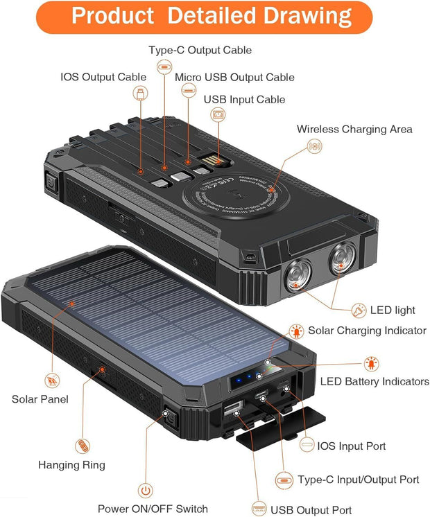 Portable External Solar Power Bank 4 USB Battery Charger for Phone with LED