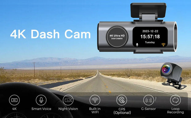  Dual 4K Dash Cam Built-In GPS Wifi Night Vision Front Rear and inside Car Camera