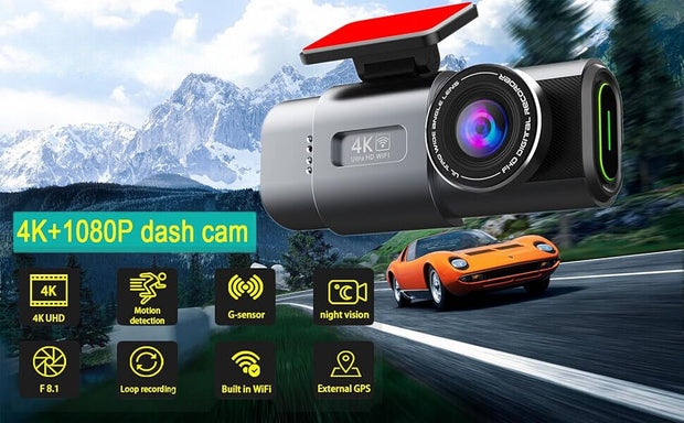  Dual 4K Dash Cam Built-In GPS Wifi Night Vision Front Rear and inside Car Camera