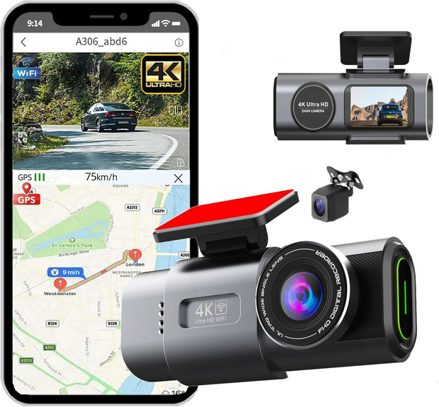  Dual 4K Dash Cam Built-In GPS Wifi Night Vision Front Rear and inside Car Camera